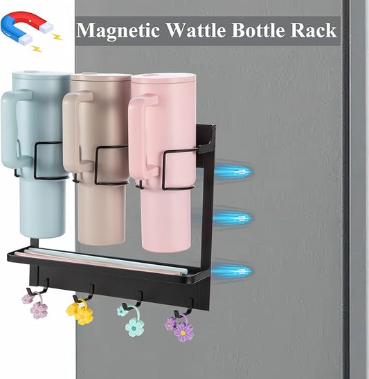 CINPIUK Water Bottle Organizer Holder, Magnetic Mug Hook Storage for Stanley & Large Tumbler, Space Saving Wall Mount Self-Adhesive Mug Organizer with 4 Hook, Easy to Install, Black-NeatNest
