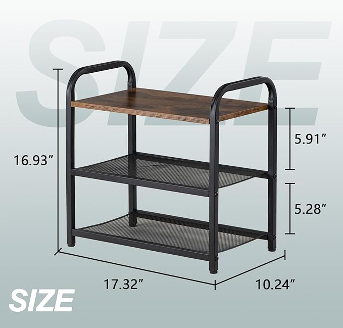 3-Tier Shoe Rack, with Heavy-Duty Metal Grid, Rustic Wooden Top, & Metal Guardrails - Transform Your Space with Style and Functionality Living Room, Kitchen, Bedroom, Garage, & Bathroom-NeatNest