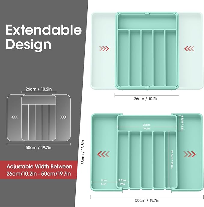 Aujen Silverware Organizer - Expandable Kitchen Drawer Organizer, Adjustable Utensil Organizer, Cutlery Tray for Forks, Knives, Multipurpose Kitchen Organizers and Storage Solution, Green, Large-NeatNest