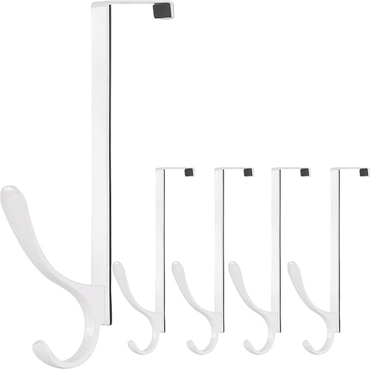SKOLOO Over The Door Hooks - for Doors up to 4.5cm Thick, Pack of 5, Stainless Steel Door Hanger Hooks, Over The Door Hanger for Coats Clothes Hat Towel Jacket, White
