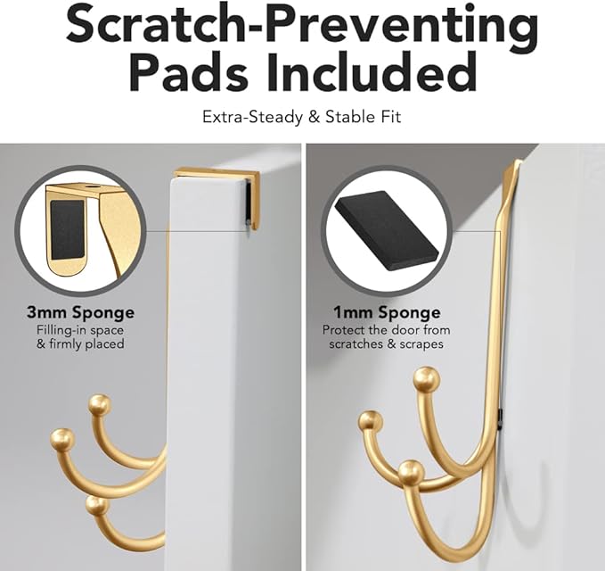 2-Pack Over The Door Hook - with 3 Hang Heads & Snug Fit Pads- 2Pcs Heavy Duty Hooks for Hanging Coats, Towels, Caps & Robes - Elegant Matt Finish - No Drill Hanger Organizer - Gold