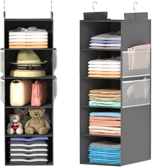 Extra Deep Hanging Closet Organizer with Shelves and Oversized Mesh Pockets, Heavy-Duty Structure, No Deformation, Max Storage for Clothes, Shoes, Hats, Dorms and RVs,1-Pack (Grey, 5 Tier)-NeatNest