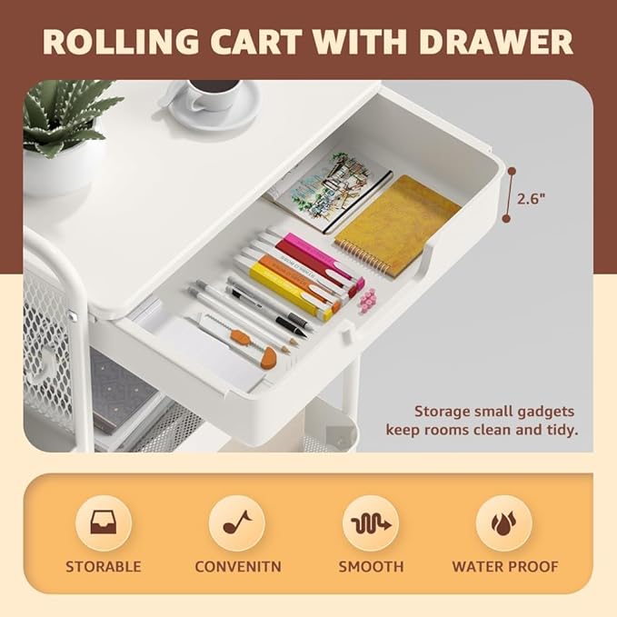 3 Tier Rolling Cart with Drawer, Metal Rolling Utility Cart on Wheels with Pegboard, Art Cart Storage Organizer with Tabletop for Living Room, Office, Bedroom (White)-NeatNest