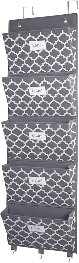 homyfort Over the Door File Organizer, Hanging File Folders, Wall Organizers and Storage for Mail, Magazine, Notebooks, Planners, Office, Classroom, 5 Extra Large Pockets (Grey Lantern Pattern)-NeatNest