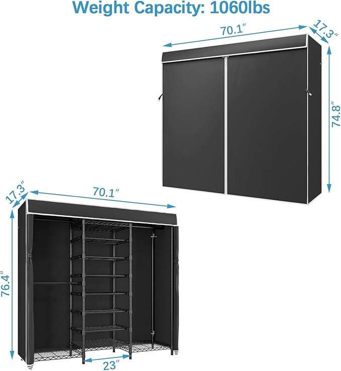 VIPEK S3C Heavy Duty Portable Closet with Adjustable Shoe Rack Wire Shelf, Large Wardrobe Organizer for Bedroom Storage, Freestanding Clothes Rack with Hanging Rod, Custom Black Rack with Black Cover-NeatNest