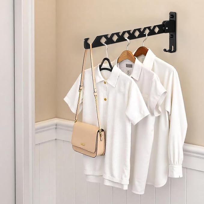 2 Pack Wall Mount Coat Hanger Holder Black Clothes Drying Organizer Rack Garment Hooks Aluminium Retractable Folding Indoor Wall Mounted Hanger Space Saver for Laundry Room Bedroom Black-NeatNest