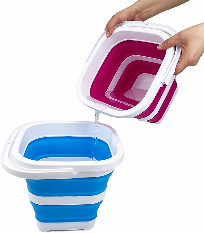 SAMMART Collapsible Rectangular Cleaning Bucket 5L (1.3 Gallon)- Foldable Camping Beach Sand Water Pot Pail- Portable Space Saving Tub for Household, Outdoor Car Washing (Grey + Sky Blue (Set of 2))-NeatNest