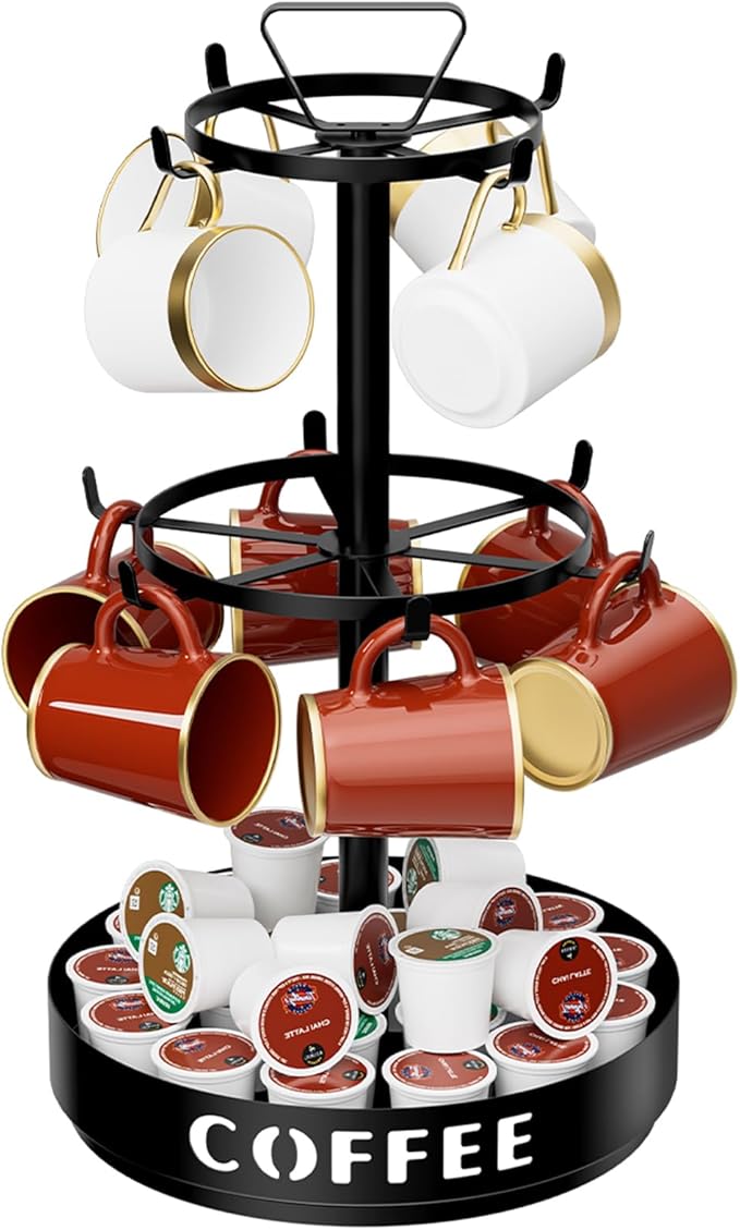 Coffee Mug Holder - Metal Mug Tree Rotatable Mug Rack, 3 Tier Coffee Cup Holder with 10 Adjustable Hooks for Bar Kitchen Counter, with Storage Base for Pods, Sugar Bags-NeatNest