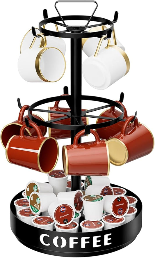 Coffee Mug Holder - Metal Mug Tree Rotatable Mug Rack, 3 Tier Coffee Cup Holder with 10 Adjustable Hooks for Bar Kitchen Counter, with Storage Base for Pods, Sugar Bags-NeatNest