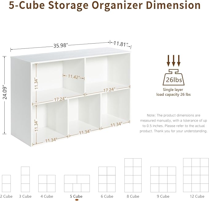 Wooden 5-Cube Storage Organizer with Closed Back Panel, 11in Cube Shelf Opening, Bookshelf, Display Shelf,Closet Cabinet for Home and Office,Embossed White