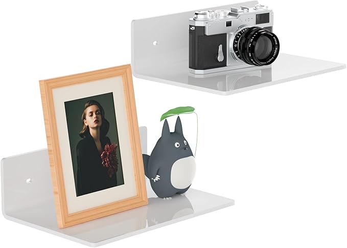 9 Inches Acrylic Wall Shelves 2 Pack, Floating Shelf for Wall Mounting, Acrylic Display Ledges for Funko Pop Figures, Home Décor, Living Room, Gaming Room, Plants(9 inch, White)-NeatNest