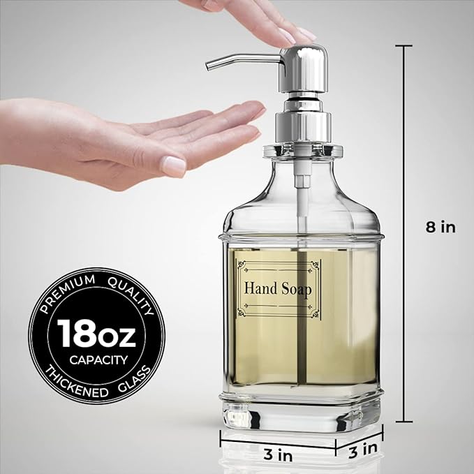 GLADPURE Soap Dispenser - 2 Pack, 18 Oz Antique Design Thick Glass Hand Soap Dispensers; with 304 Rust Proof Stainless Steel Pump, 6Pcs Clear Stickers, for Kitchen, Bathroom - Silver-NeatNest
