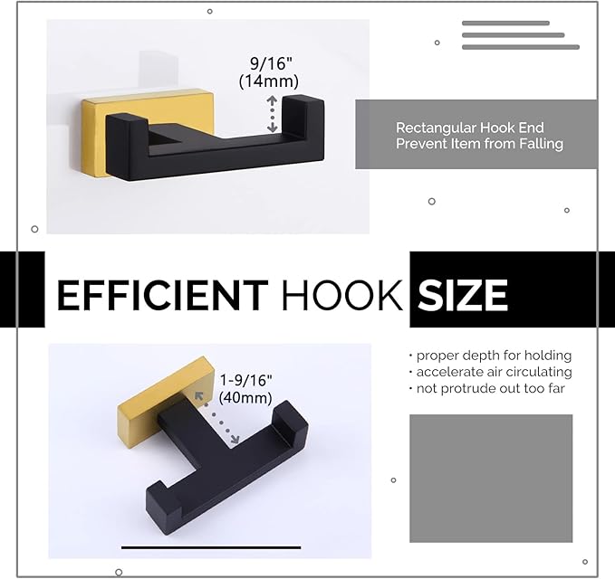 Angle Simple Double Towel Hook Black & Gold, Stainless Steel Bathroom Towel Holder, Coat Robe Hook Wall Mount