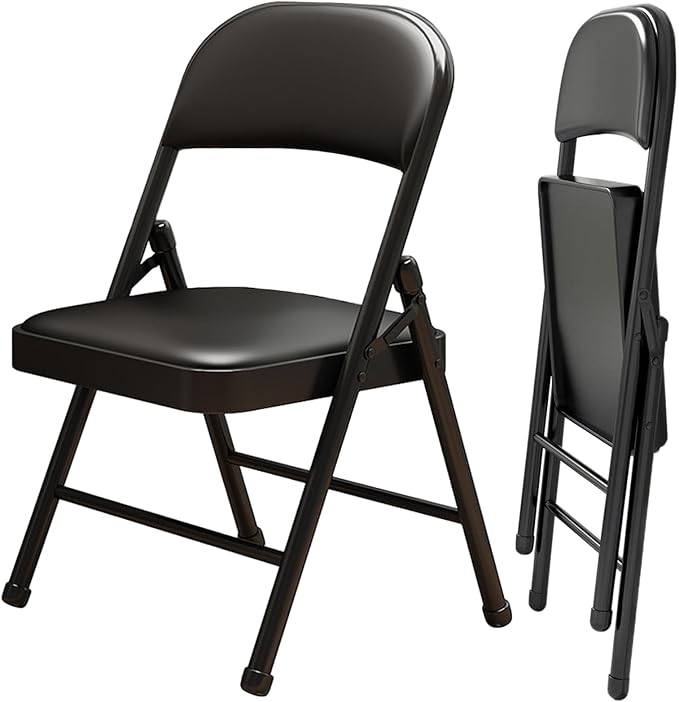 2 Pack Folding Chairs with Leather Padded Cushion and Back, Metal Black Foldable Chair for Indoor Outdoor, Commercial Stackable Guest Chairs for Office Events Wedding Party Kitchen Dining-NeatNest