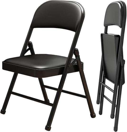 2 Pack Folding Chairs with Leather Padded Cushion and Back, Metal Black Foldable Chair for Indoor Outdoor, Commercial Stackable Guest Chairs for Office Events Wedding Party Kitchen Dining-NeatNest