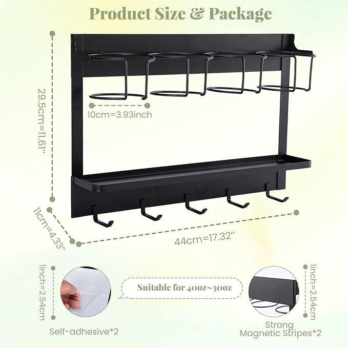 CINPIUK Water Bottle Organizer Holder, Magnetic Cup Rack Storage for Stanley & Large Tumbler, Space Saving Wall Mount Bottle Organizer with 5 Hook, Easy to Install, Black-NeatNest