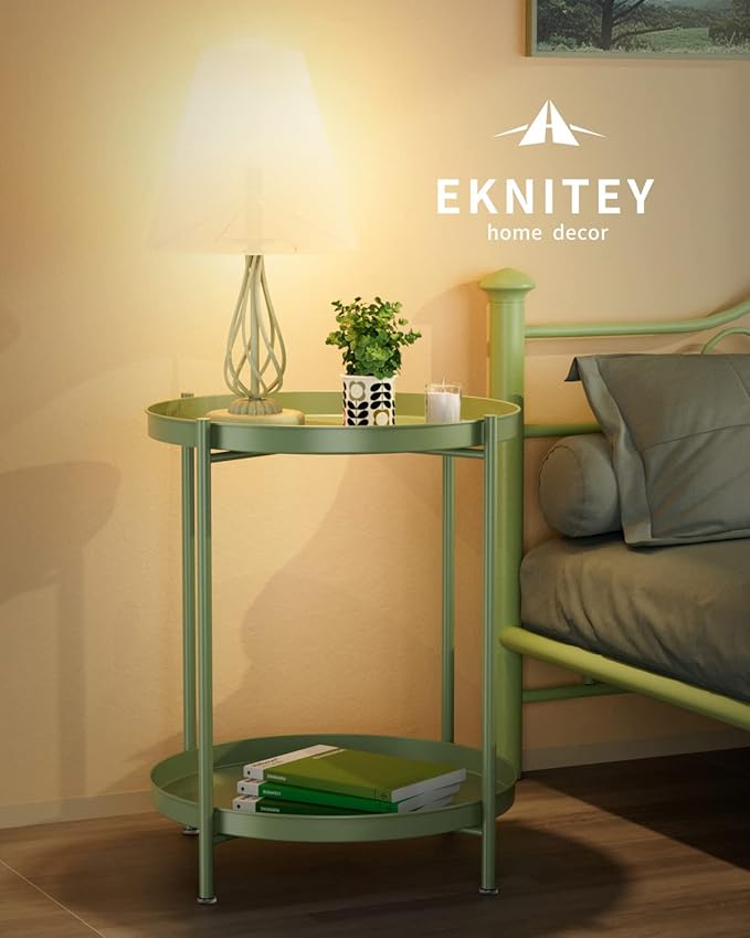 EKNITEY 2 Tier End Table - Metal Side Table Waterproof Small Sofa Coffee Side Tables Bedroom Indoor Outdoor with Removable Tray for Living Room Bedroom Balcony and Office (Atrovirens)-NeatNest