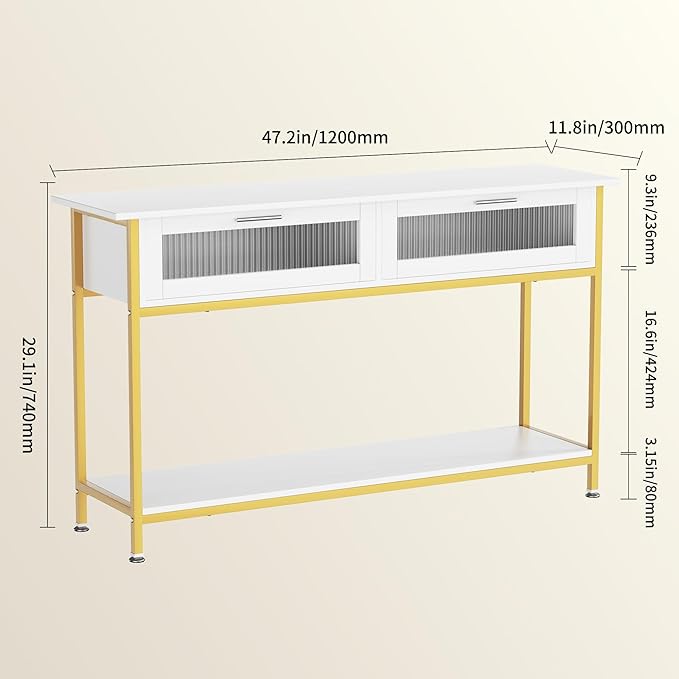 Aetheris 47" Console Table with 2 Drawers, 2 Tier Sofa Table with Storage,Entryway Table, Industrial Console Table for Entryway, Sofa Table Behind Couch for Living Room (White Gold)-NeatNest
