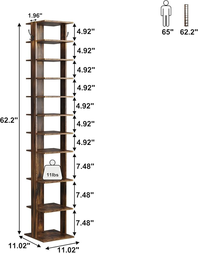 HOMEFORT 10-Tier Vertical Shoe Rack, Corner Shoe Tower, Slim Shoe Organizer with Two Hanging Hooks, Wooden Shoe Storage Stand for Entryway, Hallway, Closet, Rustic Brown-NeatNest
