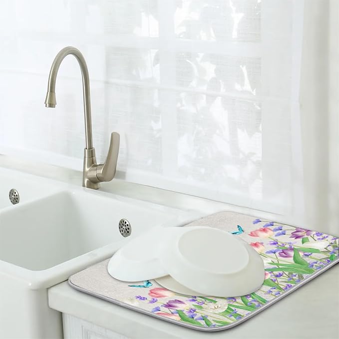 Dish Drying Mat for Kitchen Counter - Absorbent Microfiber Drying Rack Pads Reversible Dish Pad Draining Mats for Countertop Coffee Mats,18x24 inch(Tulip Flower Field)