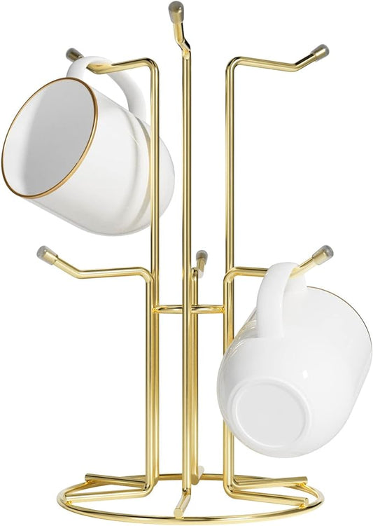HULISEN Mug Holder for Large Cups, Mug Tree for Counter with 6 Hooks, Metal Coffee Mug Stand for Easy Pick, Place and Display, Coffee Bar Accessories and Decor, Free Standing Mug Rack, Gold-NeatNest