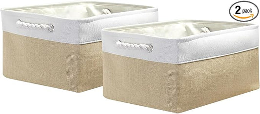 Fabric Storage Bins, 2 Pack Foldable Cube Baskets with Rope Handles, Large Collapsible Storage Cubes for Home, Office, Closet, Clothes, Books Organizer. (Khaki and White, 2PCS/16*12.6*8.2inch)-NeatNest