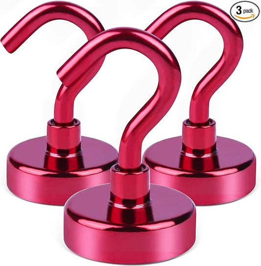 DIYMAG Magnetic Utility Hooks, 30Lbs Heavy Duty Rare Earth Neodymium Magnet Hooks with Nickel Coating for Kitchen, Garage, Cruise, Classroom, Workplace and Office etc, 3 Packs (Red)-NeatNest