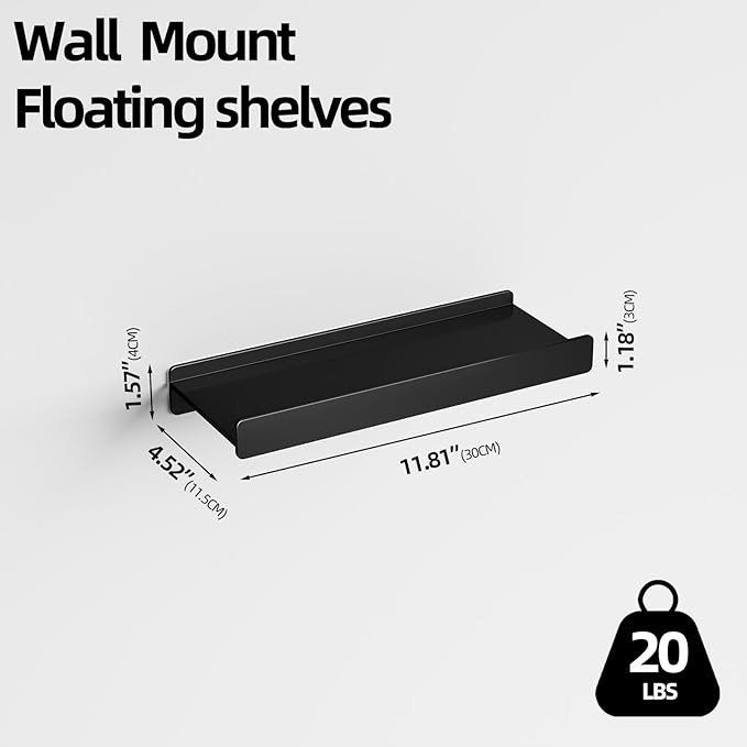 Floating Shelves for Wall, Wall Mounted Shelves with Lip for Storage, Metal Display Shelves for Home Decor, Kitchen/Living Room/Bedroom/Bathroom Shelf, Black 12 inch 1 Pack-NeatNest