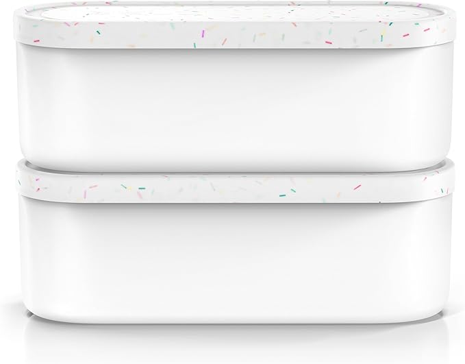 BALCI Ice Cream Containers - 2 Quart Ea. (Set of 2) - Premium Reusable Freezer Storage for Homemade Ice Cream Tub for Sorbet, Frozen Yogurt - Flexible Silicone Lids, Long Scoop - White With Sprinkles