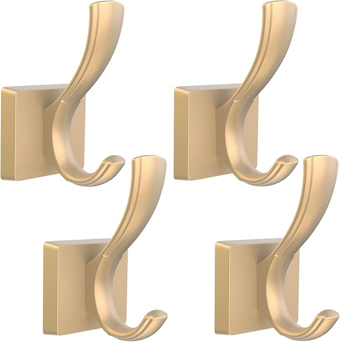 Gold Hooks for Wall, Heavy Duty Thick Aluminum Alloy Entry Coat Hooks for Hanging Key Robe Hat Backpack, Wall Mount Holder Bathroom Kitchen Garage(4 Pack, Gold)