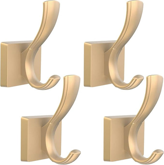 Gold Hooks for Wall, Heavy Duty Thick Aluminum Alloy Entry Coat Hooks for Hanging Key Robe Hat Backpack, Wall Mount Holder Bathroom Kitchen Garage(4 Pack, Gold)