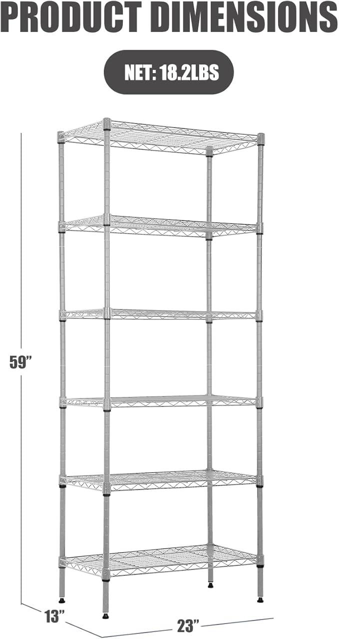 6-Tier Wire Shelving Unit Storage Shelves Metal Shelves 60"x23"x13" Heavy Duty Metal Storage Rack Wire Rack NSF Height Adjustable for Home Kitchen Bathroom Garage Shelving(Chrome)