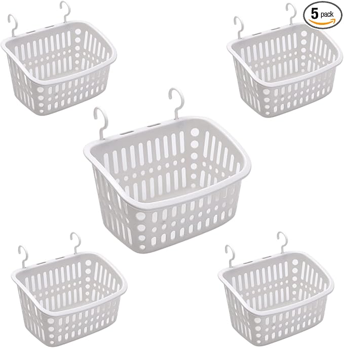 5PCS Plastic Hanging Baskets for Shower, Hanging Basket Organizer with Hooks, Rectangle 10.6Inches Small Hanging Storage Basket (Grey)