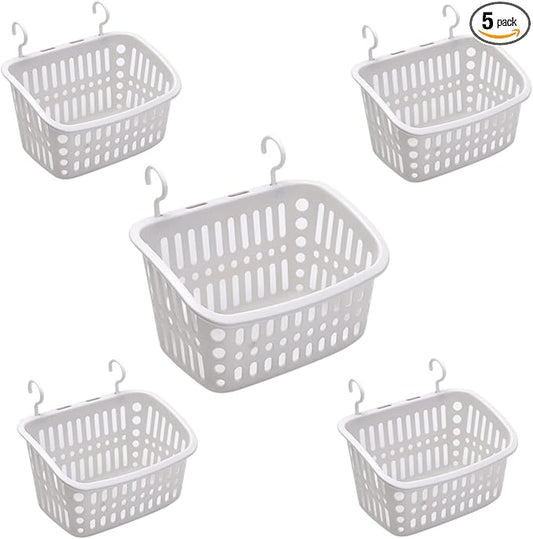 5PCS Plastic Hanging Baskets for Shower, Hanging Basket Organizer with Hooks, Rectangle 10.6Inches Small Hanging Storage Basket (Grey)