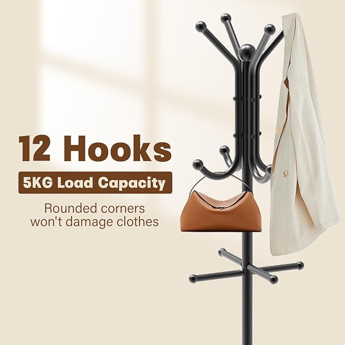 Coat Rack Freestanding, Coat Stand with Umbrella Holder, Metal Coat Tree with 12 Hooks, Coat Hanger Stand for Entryway, Coat Rack Stand for Bedroom, Living Room & Office-NeatNest