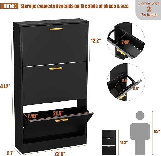 JOZZBY Shoe Cabinet Storage with 3 Flip Drawers for Entryway, Black Slim Freestanding Modern Narrow Shoe Organizer Rack Cabinet for Hallway, Living Room, Set of 2-NeatNest