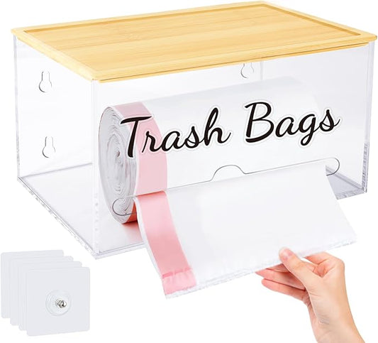 JYPS Stackable Storage Trash Bag Holder With Bamboo Lid, Wall Mounted Garbage Bag Dispenser Holder, Laundry Room Organization,Pantry Organizers and Storage Under Sink Organizer,No Drill,Small