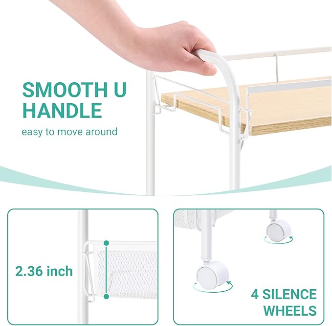 KINGRACK 4-Tier Rolling Cart,Metal Utility Cart with Wooden Tabletop,Easy Assemble Mobile Storage Trolley On Wheels,Craft Storage Cart for Bedroom Kid's Room Office Kitchen Bathroom,White