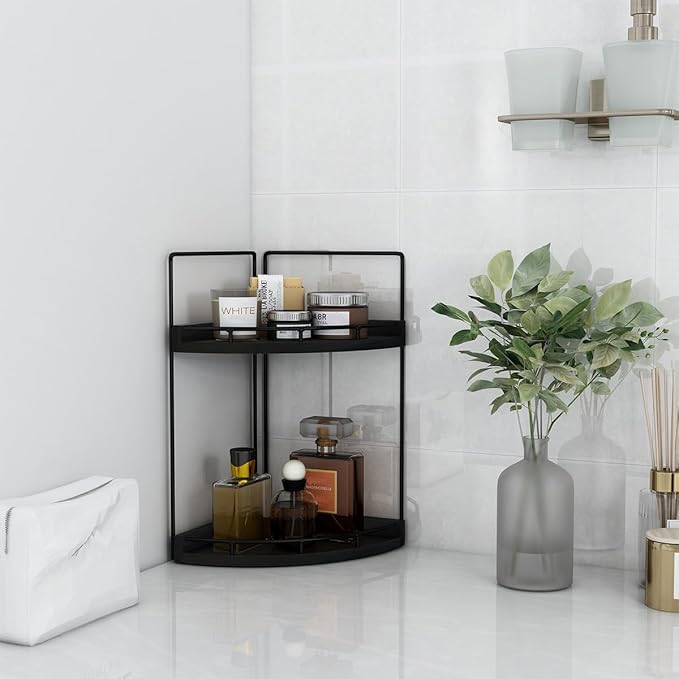 Dorhors 2-Tier Bathroom Counter Organizer,Vanity Counter Corner Shelf, Skincare, Wood Countertop Bathroom Storage and Organization for Kitchen (Black)-NeatNest