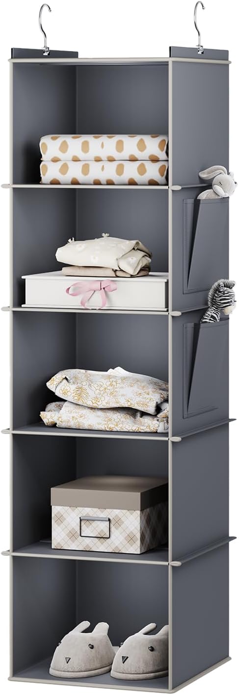 Hanging Closet Organizer, 5-Shelf Closet Hanging Storage Shelves, Grey-NeatNest