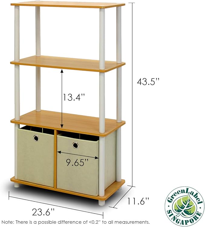 Furinno Go Green 4-Tier Multipurpose Storage Rack Shelving Unit with Bins (Set of 2), Beech-NeatNest
