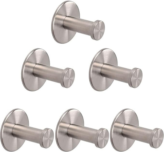 Bath Towel Hooks, 6 Pack Self Adhesive Coat Hooks, Sturdy No Drilling Robe Hook, SUS 304 Stainless Steel Heavy Duty, Wall Hooks for Bathroom Bedroom Kitchen (2 in, Brushed)