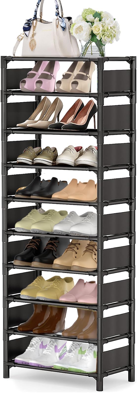 10 Tiers Vertical Shoe Rack Up to 20-25 Pairs, Sturdy Metal Narrow Shoe Shelf, Space-Saving Tall Shoe Rack for Closet,Bedroom Hallway Garage Living Room-NeatNest
