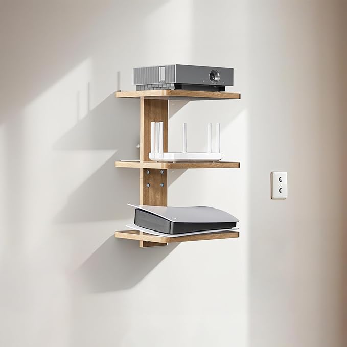 WALI Floating TV Shelves for Wall, Projector Shelf Holds Up to 22lbs, Wooden Wall Mounted Shelves for DVD Players, Cable Boxes,Game Consoles, Living Room Decor Accessories (CS303N), 3 Shelf, Wood