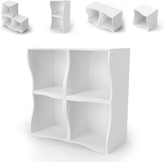 4 Cube Storage Organizer Shelf, Stackable Wooden Bookshelf, Modular Bookcase for Bedroom, Living Room, Office, Study (White)