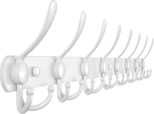 Dseap Coat Rack Wall Mount - 29.5” Long 8-Tri-Hooks Heavy Duty Coat Hanger Rail Wall Hooks for Hanging Coats Hats Clothing Clothes Purse Mudroom Entryway, White-NeatNest