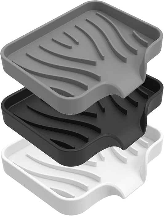 3PCS Draining Soap Dishes, Dishwashing Sponge Holder with Water Tray, Keep The Place Dry, Easy to Clean Cases, Suitable for Kitchen, Bathroom, Soap Container (Type1Black+Grey+White)-NeatNest