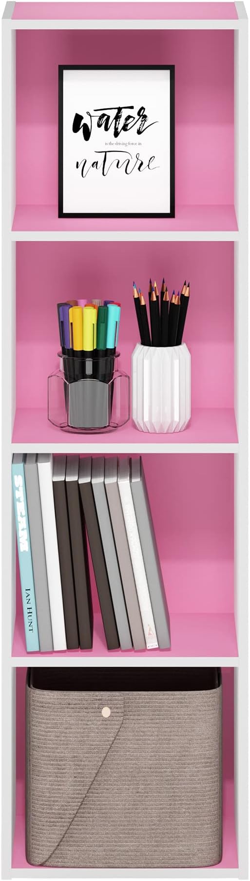 Furinno Luder Bookcase / Book / Storage, 4-Tier Cube, Pink/White-NeatNest