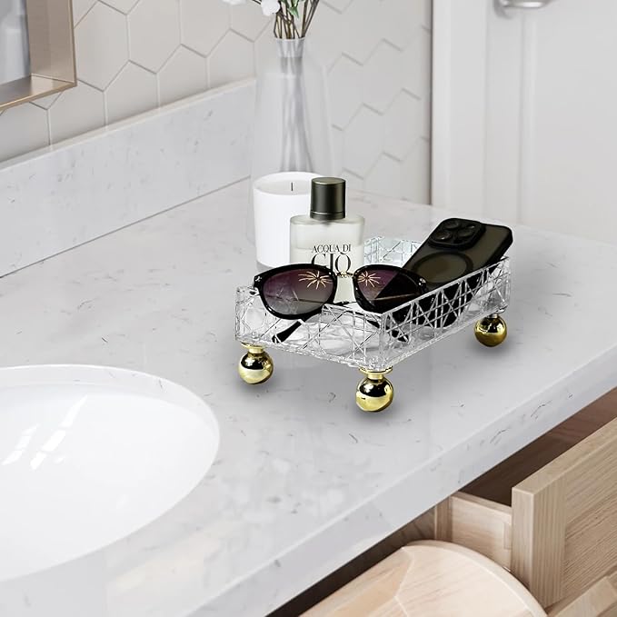 Bathroom Tray Countertop Transparent Makeup Organizer Storage Box Acrylic Vanity Tra with Feet Geometric Texture Waterproof Makeup Organizer Countertop Storage for Hotel Home Bathroom Counter Tray
