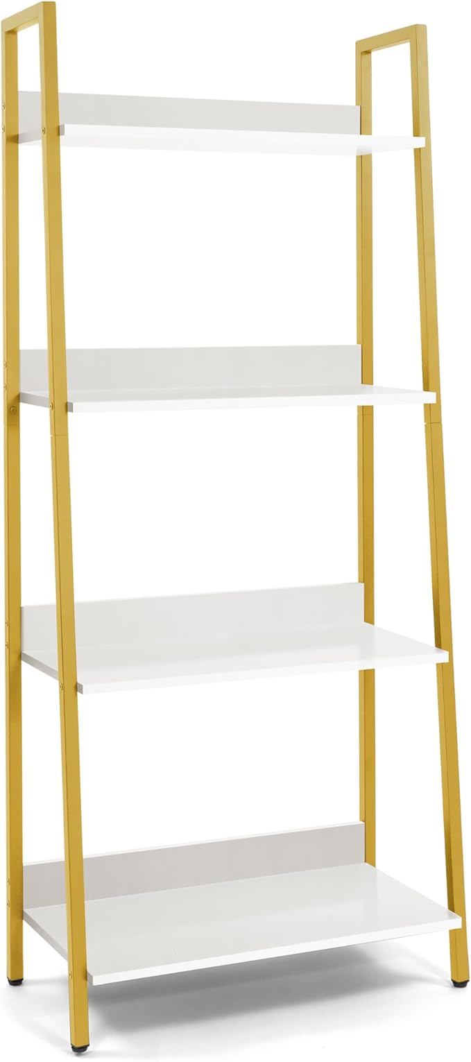 CAPHAUS 4 Tier Ladder Bookshelf, 24 Inch Width Free Standing Shelf, Bookcase Shelf Storage Rack Organizer, Industrial Book Shelves for Home Office, Living Room, Kitchen, White Shelves & Gold Frame-NeatNest